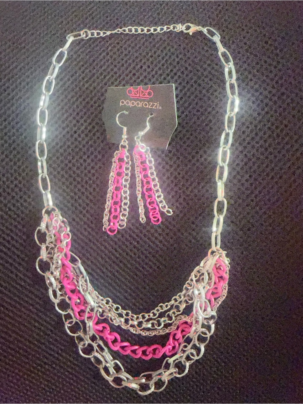 paparazzi Silver & Pink Layered Chain Necklace with Dangle Earrings